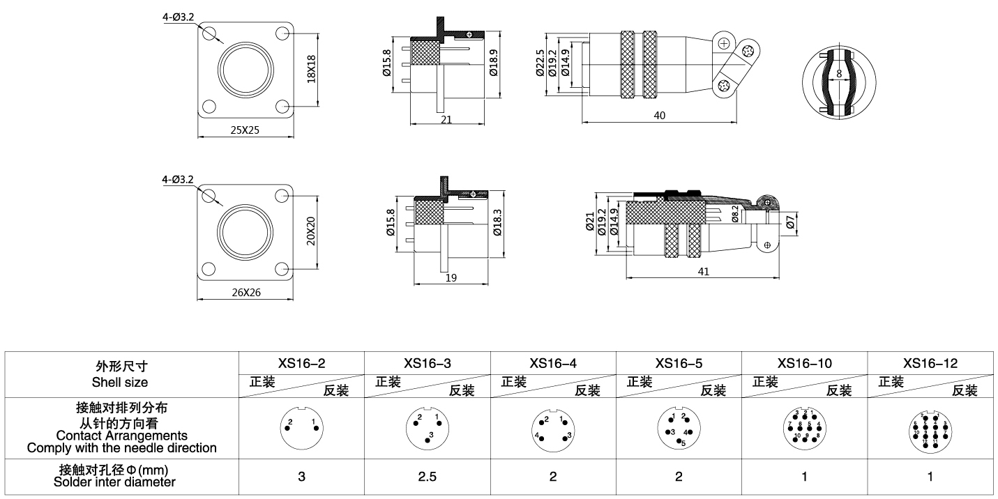 圆形连接器XS16系列(方卡扣式)3T-12T结构图及技术参数