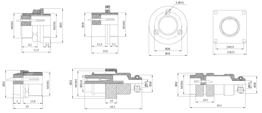 电子连接器DF20系列2T-15T防水型结构图