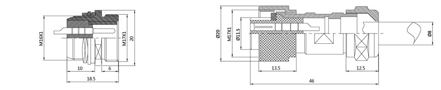 DF16G系列(防水插头)2T-12T电子连接器结构图