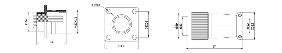 XS24系列12T/19T/26T(屏蔽/非屏蔽)航空插头插座结构图